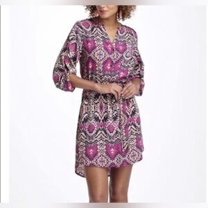 Maeve Anthropologie Fuchsia and Black Geometric Long Sleeve Dress